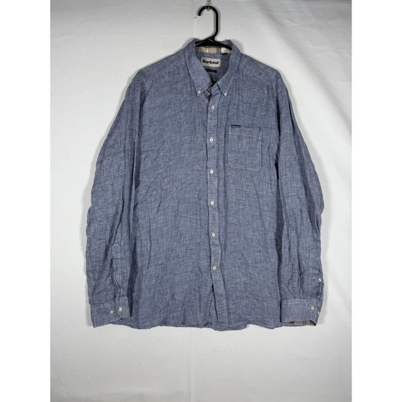 Barbour Linen Shirt Mens Large Blue Houndstooth Plaid Flip Cuff Tailored Fit - Picture 1 of 8